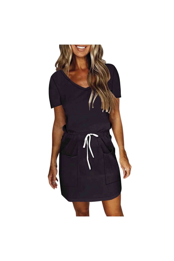 Womens Short Sleeve Dresses Casual V-Neck Drawstring Elastic Waist Loose Pullover Basic Comfort Solid Color Mini Dress with Pockets