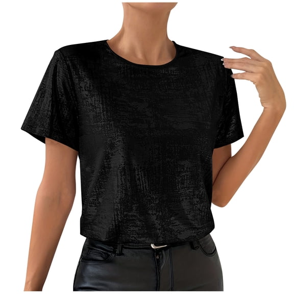 Womens Short Sleeve Dressy Tops Summer Trendy Casual Shiny Velvet T Shirt Crew Neck Casual Tunic Tees (2XL, Black)
