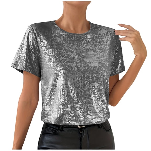 Womens Short Sleeve Dressy Tops Summer Trendy Casual Shiny Velvet T Shirt Crew Neck Casual Tunic Tees (2XL, Dark Gray)