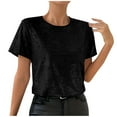 thumbnail image 1 of Womens Short Sleeve Dressy Tops Summer Trendy Casual Shiny Velvet T Shirt Crew Neck Casual Tunic Tees (S, Black), 1 of 8
