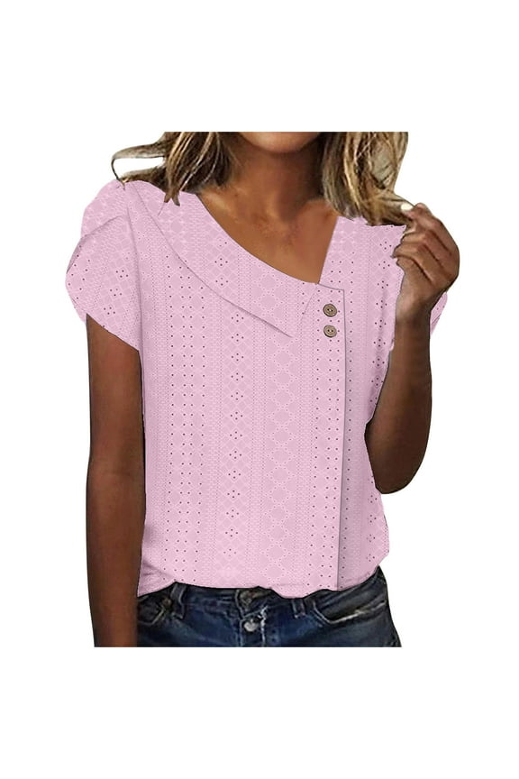 Womens Short Sleeve Eyelet Embroidery T shirts Female 2024 Summer Solid Color Loose Fit Basic Tops Casual V Neck Tee