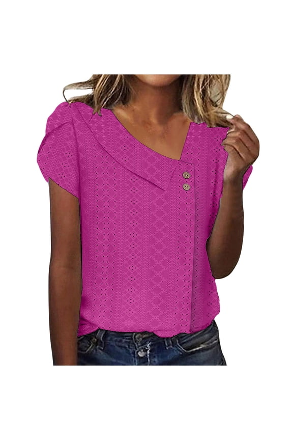 Womens Short Sleeve Eyelet Embroidery T shirts Female 2024 Summer Solid Color Loose Fit Basic Tops Casual V Neck Tee