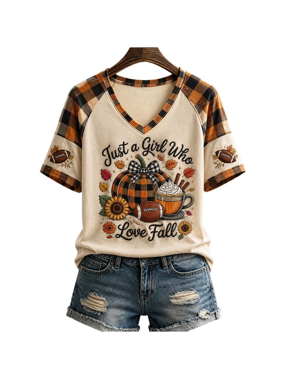 Womens Short Sleeve Fall Tops Pumpkin Print Holiday Graphic Tees Casual V Neck Thanksgiving's Day Shirts