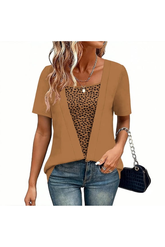 Womens Short Sleeve Faux Wrap Top with Mesh Panel, Relaxed Fit Casual V-Neck Shirt for Everyday,Size XL