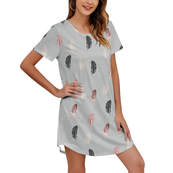 Womens Short Sleeve Feather Printing Sleepshirt Scoopneck Cute Nightdress Comfy Nightgown Dress Grey Sizes S-2XL