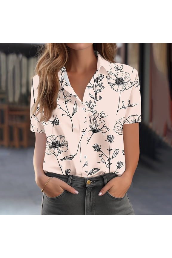 Womens Short Sleeve Floral Button Down Shirt, Line Art Blouse Relaxed Fit, Khaki Wrinkle-Resistant Top for Women Casual Office Wear,Size XL