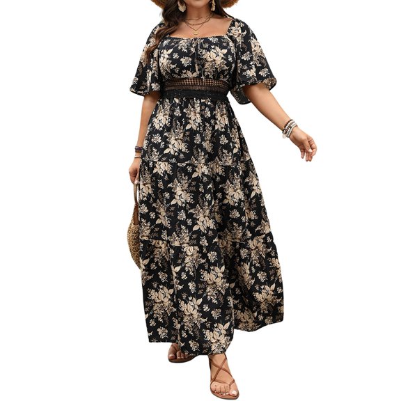 Womens Short Sleeve Floral Dresses for Women Square Neck Lace Cutout Eyelet Vintage Boho Maxi Long 2025 Black XL