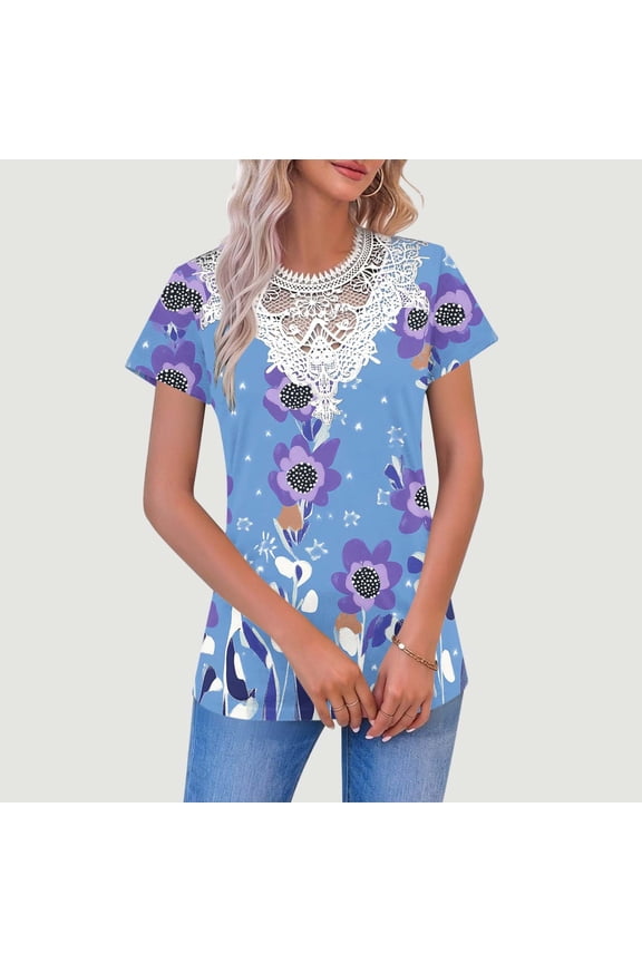 Womens Short Sleeve Floral Top with Lace Neckline, Casual Relaxed Fit Blouse, Summer Boho Print Shirt,Size 2XL