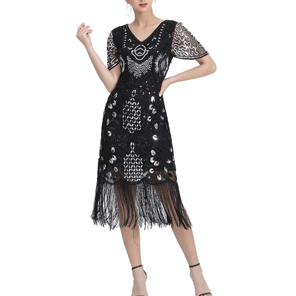 Womens Short Sleeve Fringe Flapper Dress Outfit 1920S Sequin Flapper Vintage Dress
