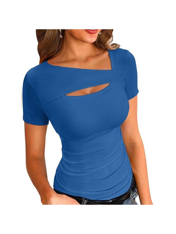 Womens Short Sleeve Front Cut Out Tops Tight Fitting Tees Tshirt Casual Trendy T-Shirt Going Out Tops Summers Clothes
