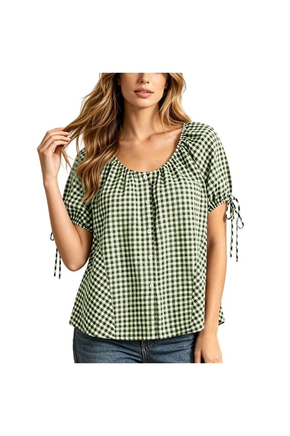 Womens Short Sleeve Gingham Blouse Summer Plaid Crew Neck Tops Trendy Cute Casual Tie Button Down Shirt