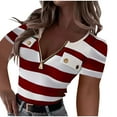 thumbnail image 1 of Womens Short Sleeve Half Zip V Neck Tops Striped Color Block Shirts Casual Pockets Button Down Shirts, 1 of 5