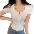 thumbnail image 1 of Womens Short Sleeve Henley Shirts Ribbed Slim Fitted Tee Summer Work Tops Button Blouse Spring Clothes, 1 of 4