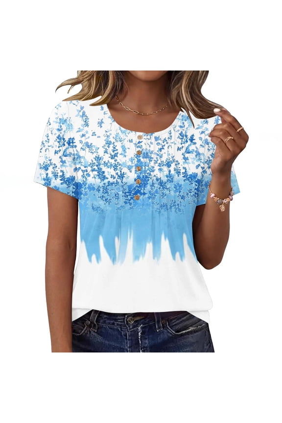 Womens Short Sleeve Henley Top Floral Gradient Pleated Front Relaxed Fit Blouse Light Blue,Size L