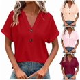 thumbnail image 1 of Summer Tops for Women Trendy Eyelet V Neck Short Sleeve Button down Shirts Casual Henley Tunic Vacation Blouses, 1 of 5