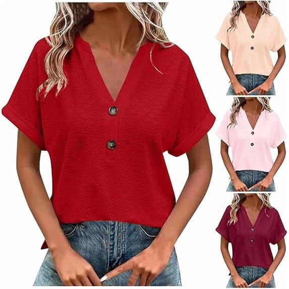 Summer Tops for Women Trendy Eyelet V Neck Short Sleeve Button down Shirts Casual Henley Tunic Vacation Blouses