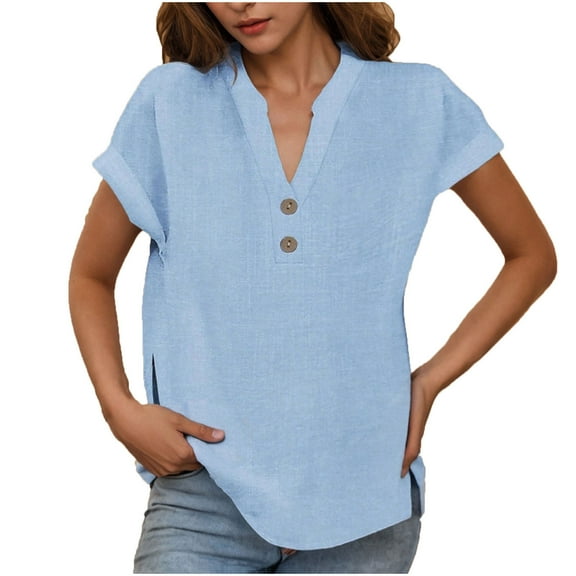 Womens Short Sleeve Henley Tops V Neck Dressy Casual Blouses Summer Trendy Tee Shirts 2026 Vacation Fashion Clothes
