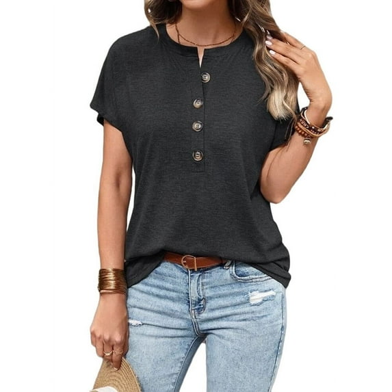 Womens Short Sleeve Henley Tops V Neck Dressy Casual Loose Fit Shirts Black S