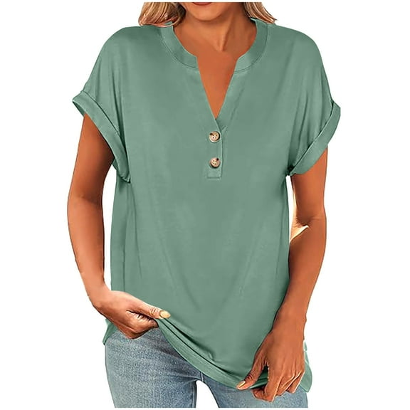 Womens Short Sleeve Henley Tops V Neck Dressy Casual Loose Fit Shirts Summer Flowy Blouses 2025 Trendy Clothes