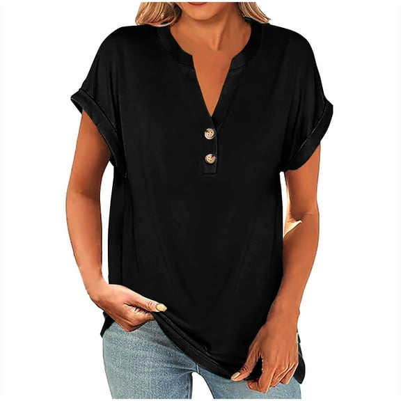 Womens Short Sleeve Henley Tops V Neck Dressy Casual Loose Fit Shirts Summer Flowy Blouses 2025 Trendy Clothes