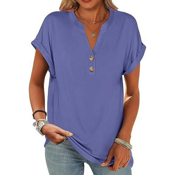 Womens Short Sleeve Henley Tops V Neck Dressy Casual Shirts Summer Flowy Blouses 2025 Trendy Clothes