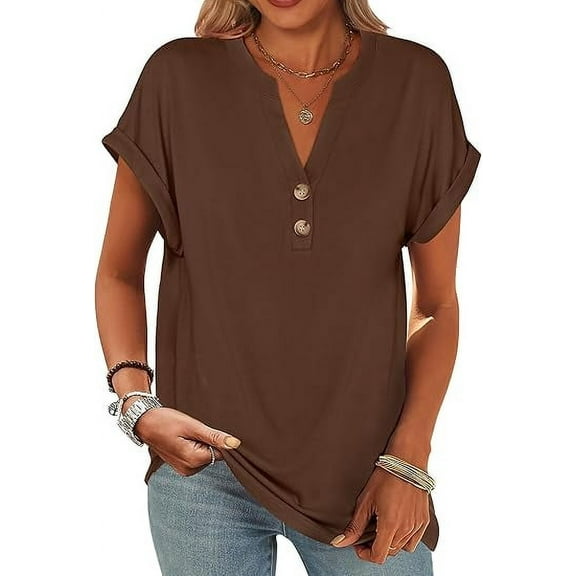 Womens Short Sleeve Henley Tops V Neck Dressy Casual Shirts Summer Flowy Blouses 2025