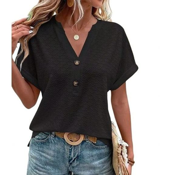 Womens Short Sleeve Henley Tops V Neck Dressy Casual Loose Fit Shirts Summer Flowy Blouses 2025 Clothes Black XXXL