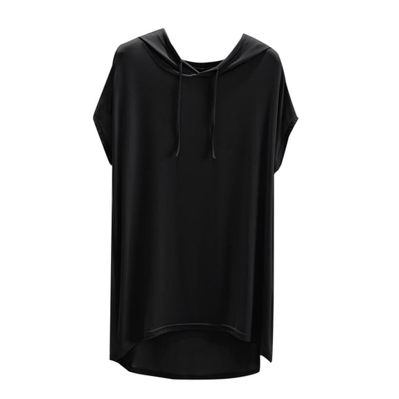 Womens Short Sleeve Hoodie Cozy Light Cotton Oversized Sweatshirt Pajamas Casual Hooded Pullover Long Tops Homewear (2XL, Black)