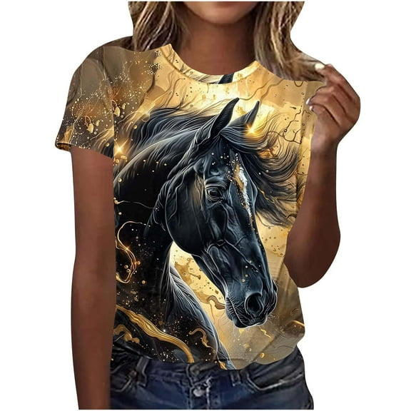 Womens Short Sleeve Horse Racing Tops Summer Retro Blouse Crew Neck Tee Shirt Stylish Workout Tshirts S-5XL