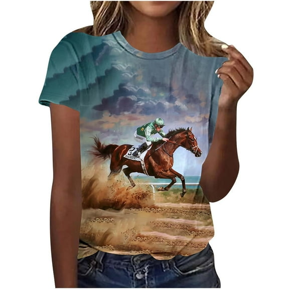 Womens Short Sleeve Horse Racing Tops Summer Retro Blouse Crew Neck Tee Shirt Stylish Workout Tshirts S-5XL
