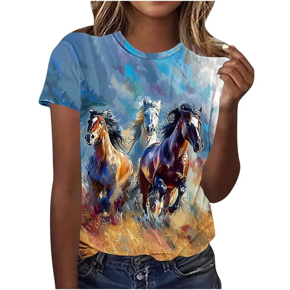 Womens Short Sleeve Horse Racing Tops Summer Retro Blouse Crew Neck Tee Shirt Stylish Workout Tshirts