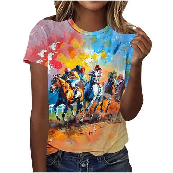 Womens Short Sleeve Horse Racing Tops Summer Retro Blouse Crew Neck Tee Shirt Stylish Workout Tshirts