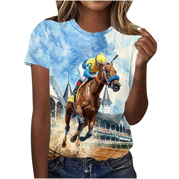 Womens Short Sleeve Horse Racing Tops Summer Retro Blouse Crew Neck Tee Shirt Stylish Workout Tshirts