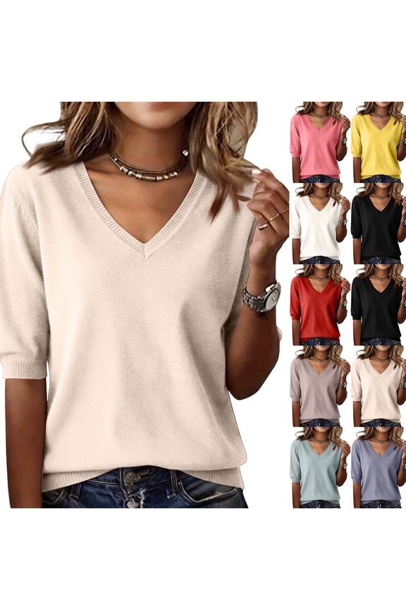 Womens Short Sleeve Knit Sweaters V Neck Ribbed Trim Soft Stretchy Breathable Lightweight Pullover Tops Wrinkle Resistant Casual Summer Wear Shirts , 3XL, #01 Beige