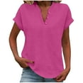 thumbnail image 1 of Womens Short Sleeve Linen-Blend Shirts V-Neck Front Button Placket and Curved Hem Tunic Tops Relaxed Fit for Spring Summer, 1 of 8