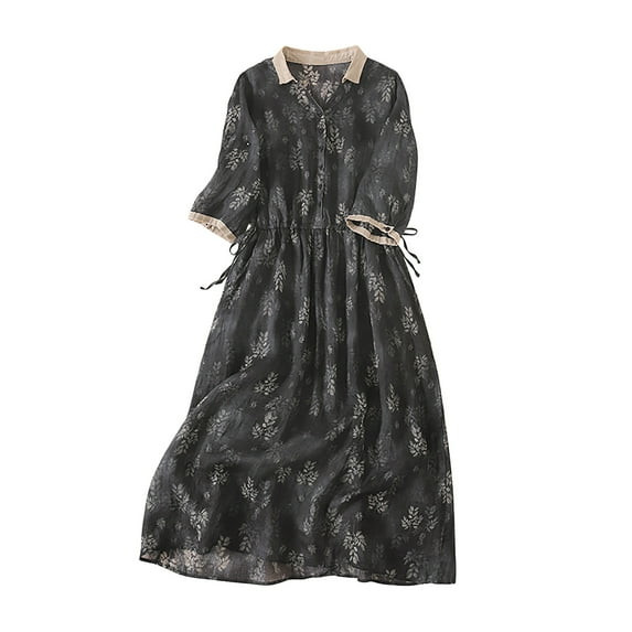 Womens Short Sleeve Linen Dress Floral Print Elastic Waist Tie Casual Button Up Collar Plus Size Summer Dresses (XX-Large, Black)