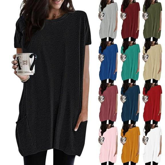 Womens Short Sleeve Long Shirts Tunic Tops for Leggings with Pockets Lightweight Loose Fit Summer T Shirt Army Green L