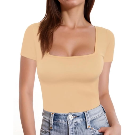 Womens Short Sleeve Long Sleeve Square Neck T Shirts Tops Tees