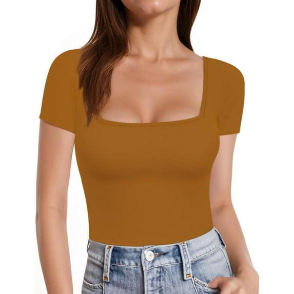 Womens Short Sleeve Long Sleeve Square Neck T Shirts Tops Tees