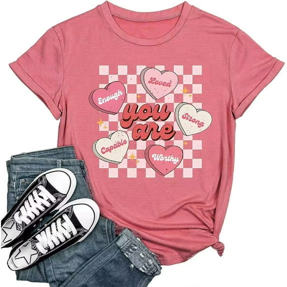 Womens Short Sleeve Love Heart Valentinas Day T-Shirts Funny Spring Graphic Tee Tops