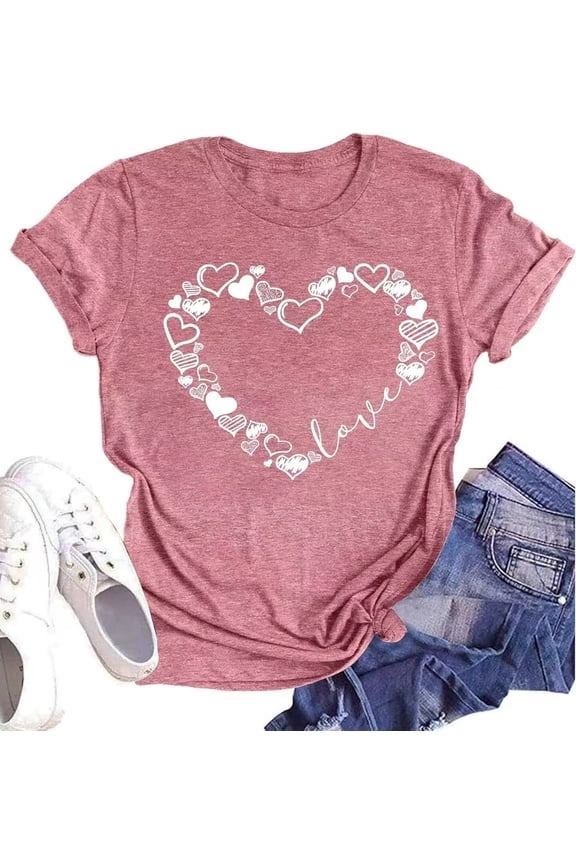 Womens Short Sleeve Love Heart Valentinas Day T-Shirts Funny Spring Graphic Tee Tops