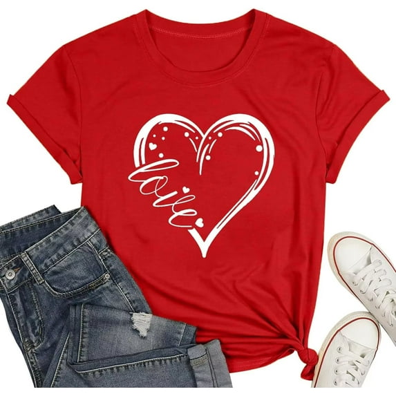Womens Short Sleeve Love Heart Valentinas Day T-Shirts Funny Spring Graphic Tee Tops