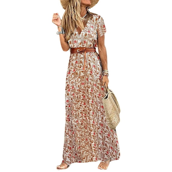 Womens Short Sleeve Maxi Boho Floral Summer Beach Long Slit Evening Cocktail Party Sun Dress With Belt