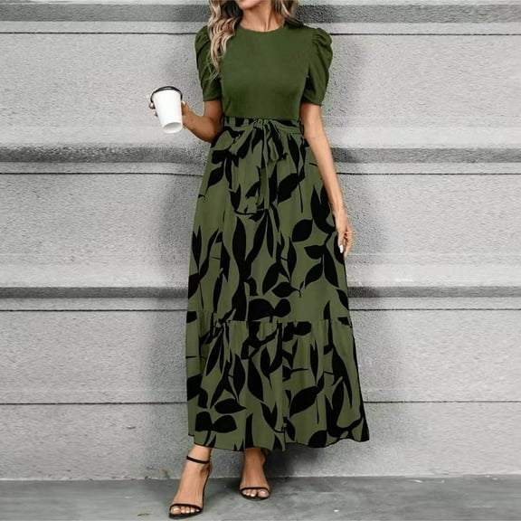 Womens Short Sleeve Maxi Dresses Empire Waist Long Dress Army Green XXL