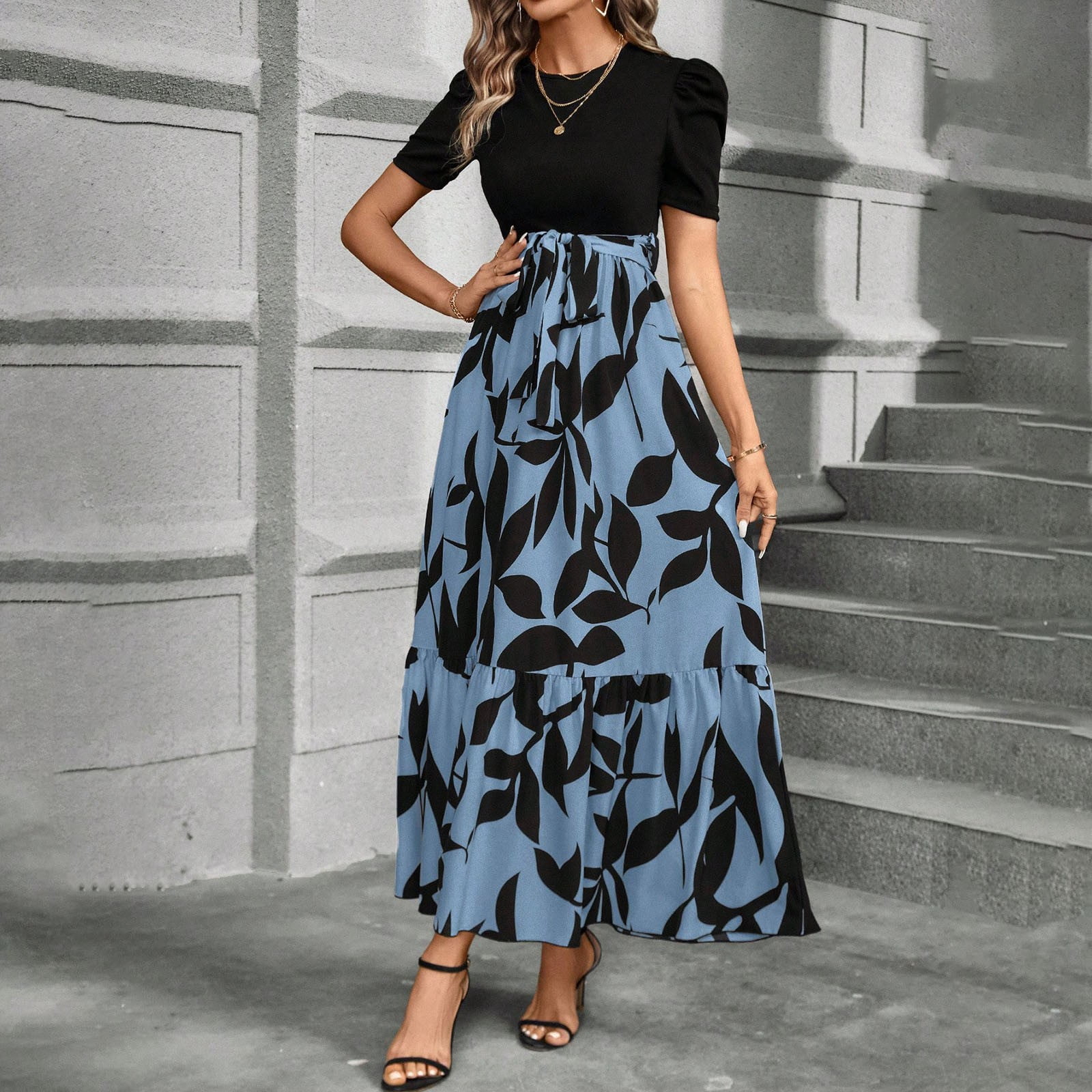 green emerald velvet dress Sky Blue Floral Embroidered Empire Waist A-Line Dress – Maxim Creation main image 1