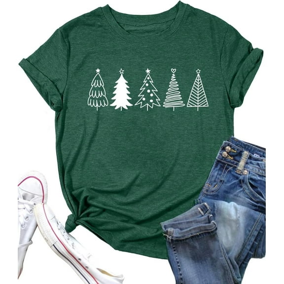 Womens Short Sleeve Merry Christmas T-Shirts Christmas Tree Bright Graphic Tee Tops (L,1 Green)