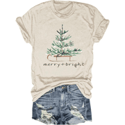 Womens Short Sleeve Merry Christmas T-Shirts Christmas Tree Bright Graphic Tee Tops (L,Tree Beige)