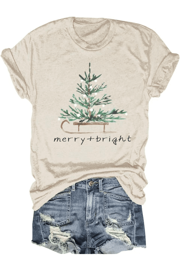 Womens Short Sleeve Merry Christmas T-Shirts Christmas Tree Bright Graphic Tee Tops (L,Tree Beige)