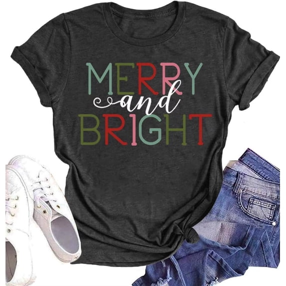 Womens Short Sleeve Merry Christmas T-Shirts Christmas Tree Bright Graphic Tee Tops (M,Dark Grey)
