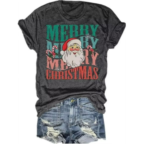 Womens Short Sleeve Merry Christmas T-Shirts Christmas Tree Bright Graphic Tee Tops (XL,1 Dark Grey)